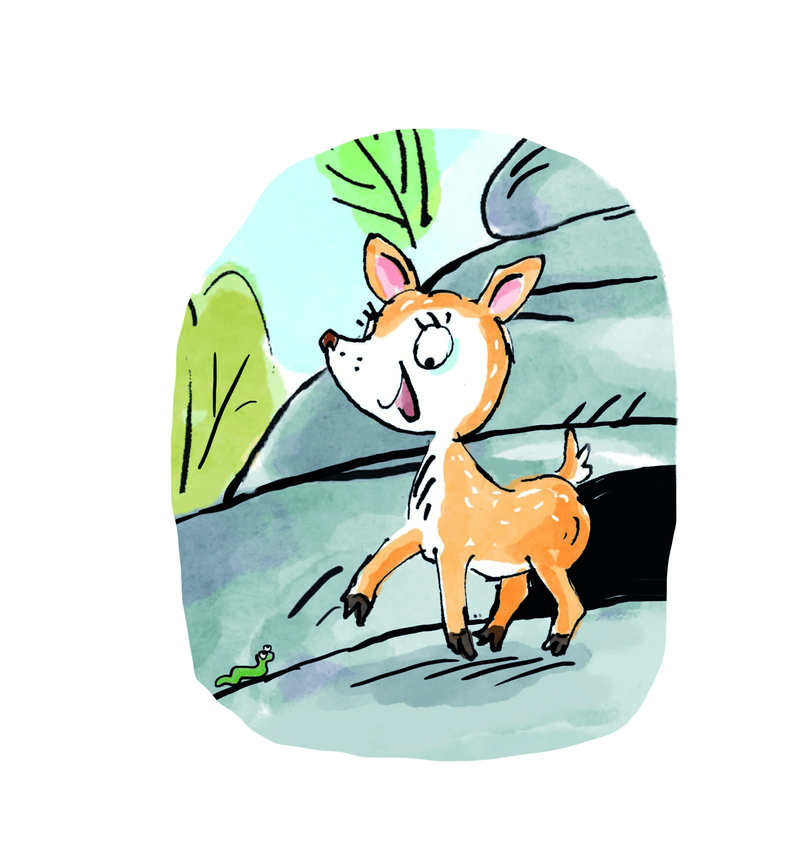 A small fawn with a white face, looking up brightly, watercolour illustration
