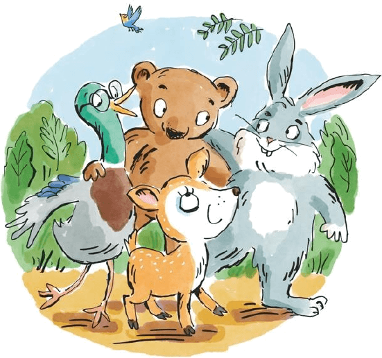 A little brown bear, a deer, a duck and a rabbit standing together
